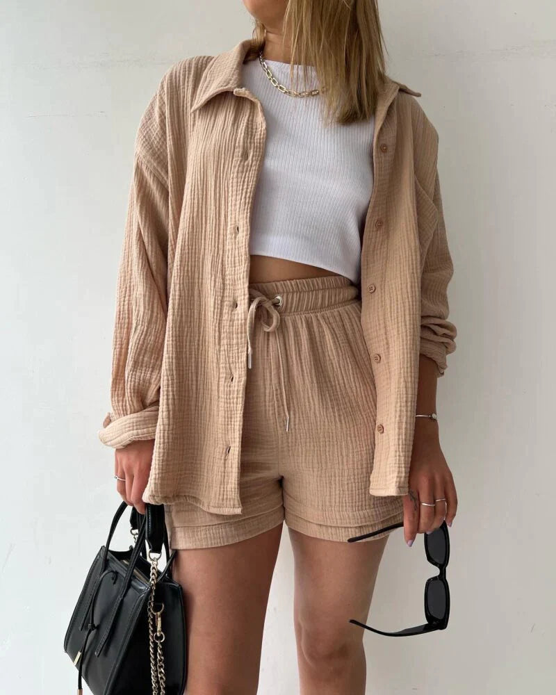 Léa Blanchet® | Fashion Outfit met lange mouwen, katoenen blouse en korte broek 2 delige sets