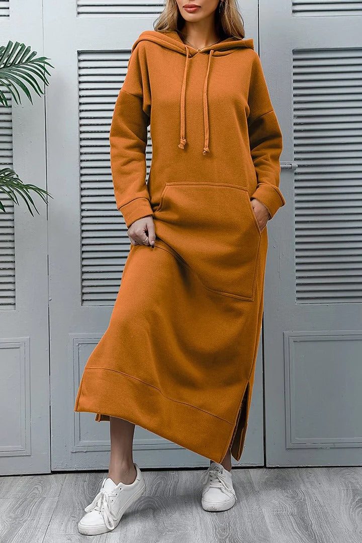 Pauline Laurent® | Stijlvolle eenkleurige jurk met capuchon, zakken en split