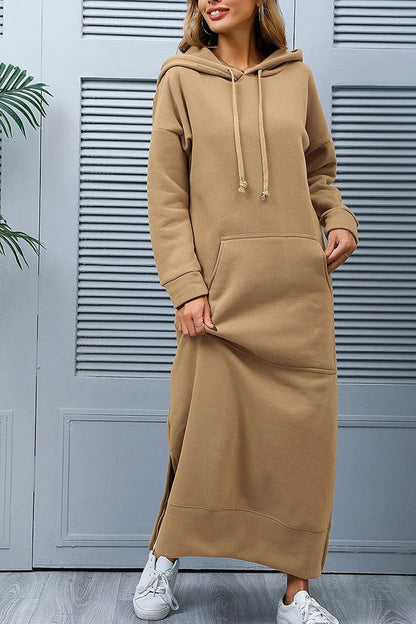 Pauline Laurent® | Stijlvolle eenkleurige jurk met capuchon, zakken en split