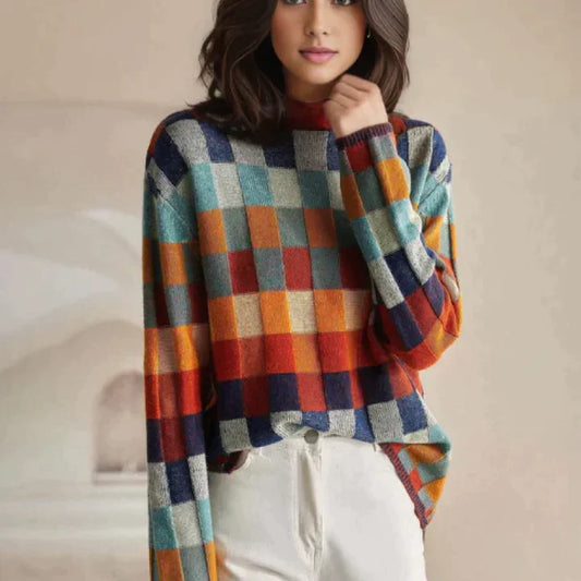 Léa Blanchet® | Nieuwe Prachtige Kleurrijke Checkerboard Gebreide Bovenkleding Trui Voor Vrouwen