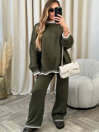 Élodie Lavin® | Elegante Dames Gebreide Home Suit Split Sweater Top Elastische Hoge Taille Rechte Broek 2 Stuks Set