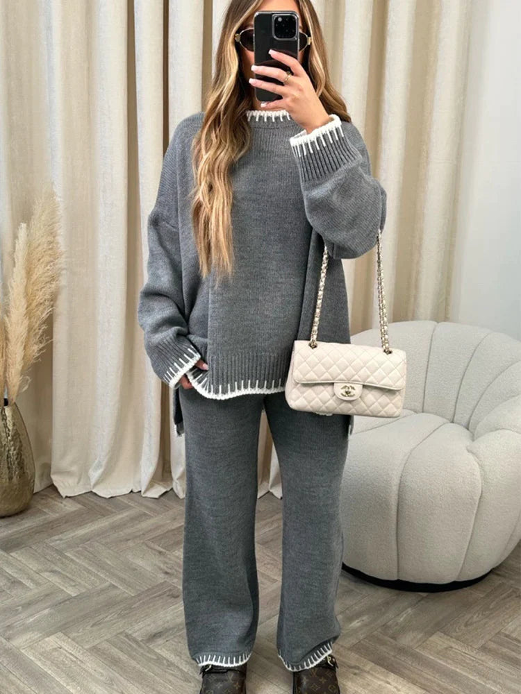 Élodie Lavin® | Elegante Dames Gebreide Home Suit Split Sweater Top Elastische Hoge Taille Rechte Broek 2 Stuks Set